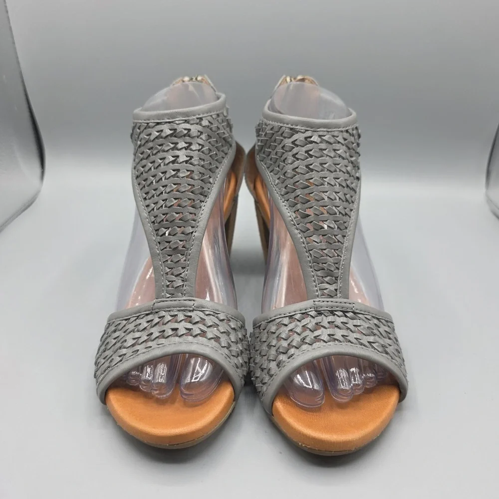 Sundance Heels Sandals Womens 38‎ Gray Leather Woven Gladiator Zipper Boho